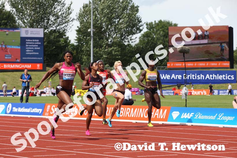 Womens 200 metres, from left to right: Blessing Okagbare, Shelly-Ann Fraser-Pryce, Anthonique Strachan, Mariya Ryemyen and Anyika Onuora, IAAF Diamond League, Birmingham.